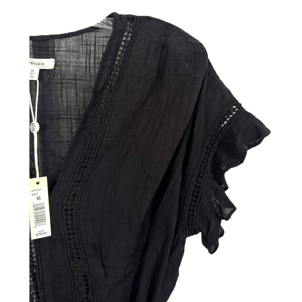 Max Studio Women's Short Sleeve Blouse Top w/ Tie Belt V-Neck Sheer Size M Black - Picture 5 of 9
